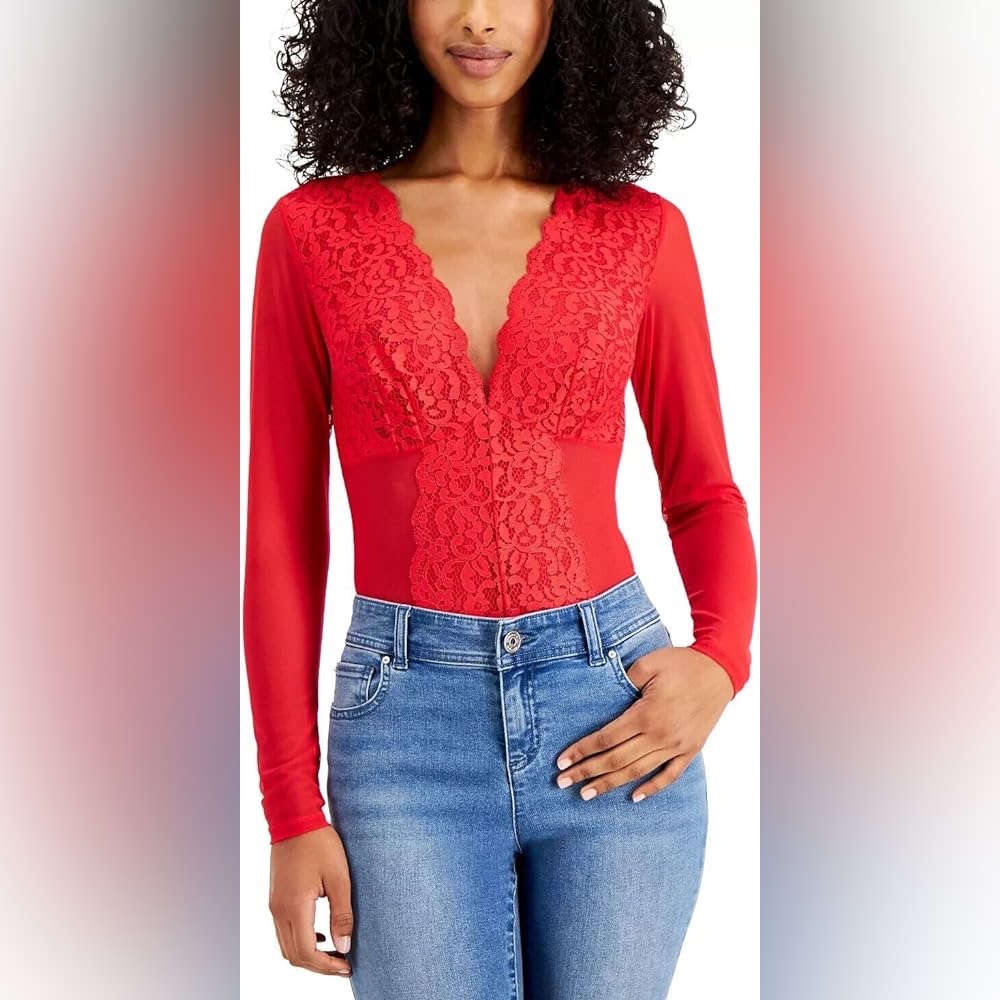 INC  International Concepts Red Sheer Long-Sleeve Lace Mesh Bodysuit - Red
